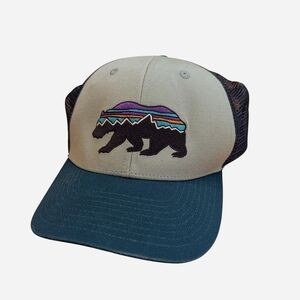 Patagonia Men's Trucker Hat - Teal and Gray with Bear Logo